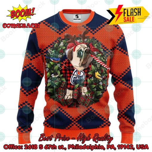 NHL Edmonton Oilers Pug Candy Cane Ugly Christmas Sweater