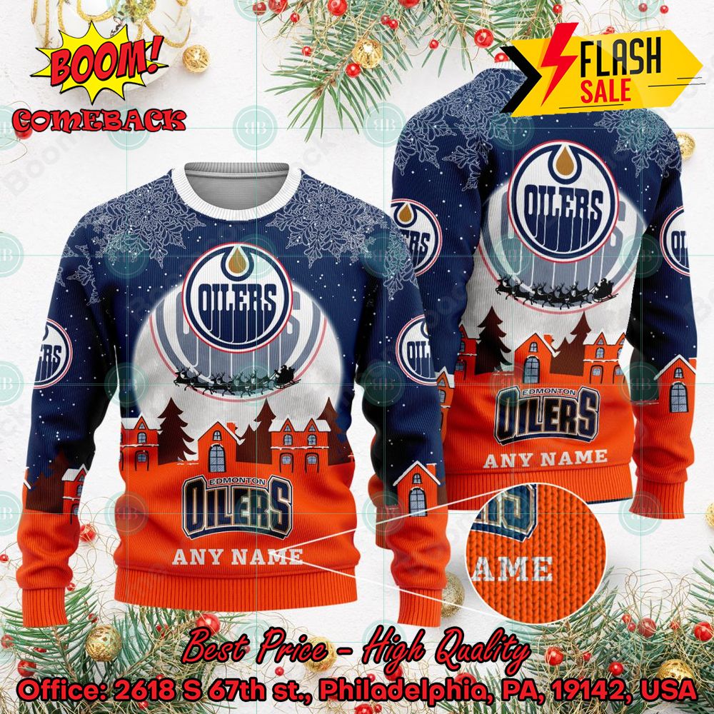 NHL Edmonton Oilers Santa Claus In The Moon Personalized Name Ugly Christmas Sweater