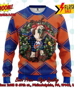 NHL New York Islanders Pug Candy Cane Ugly Christmas Sweater