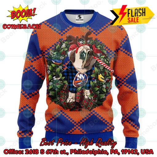 NHL New York Islanders Pug Candy Cane Ugly Christmas Sweater