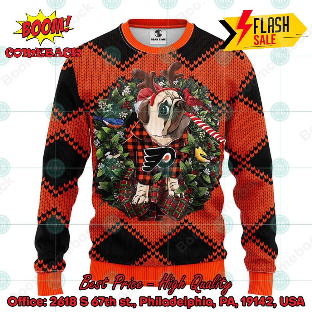 NHL Philadelphia Flyers Pug Candy Cane Ugly Christmas Sweater