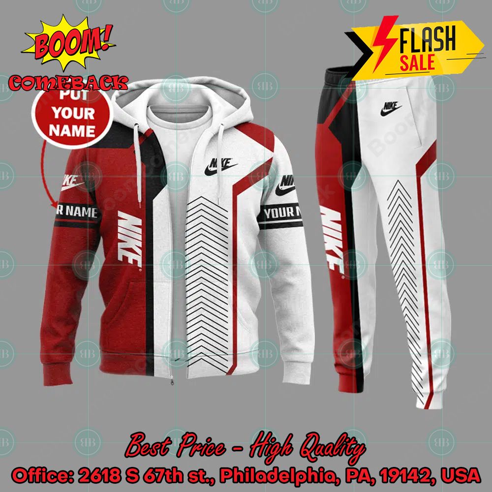 Nike White And Red Personalized Name 3d Hooide And Long Pant V03