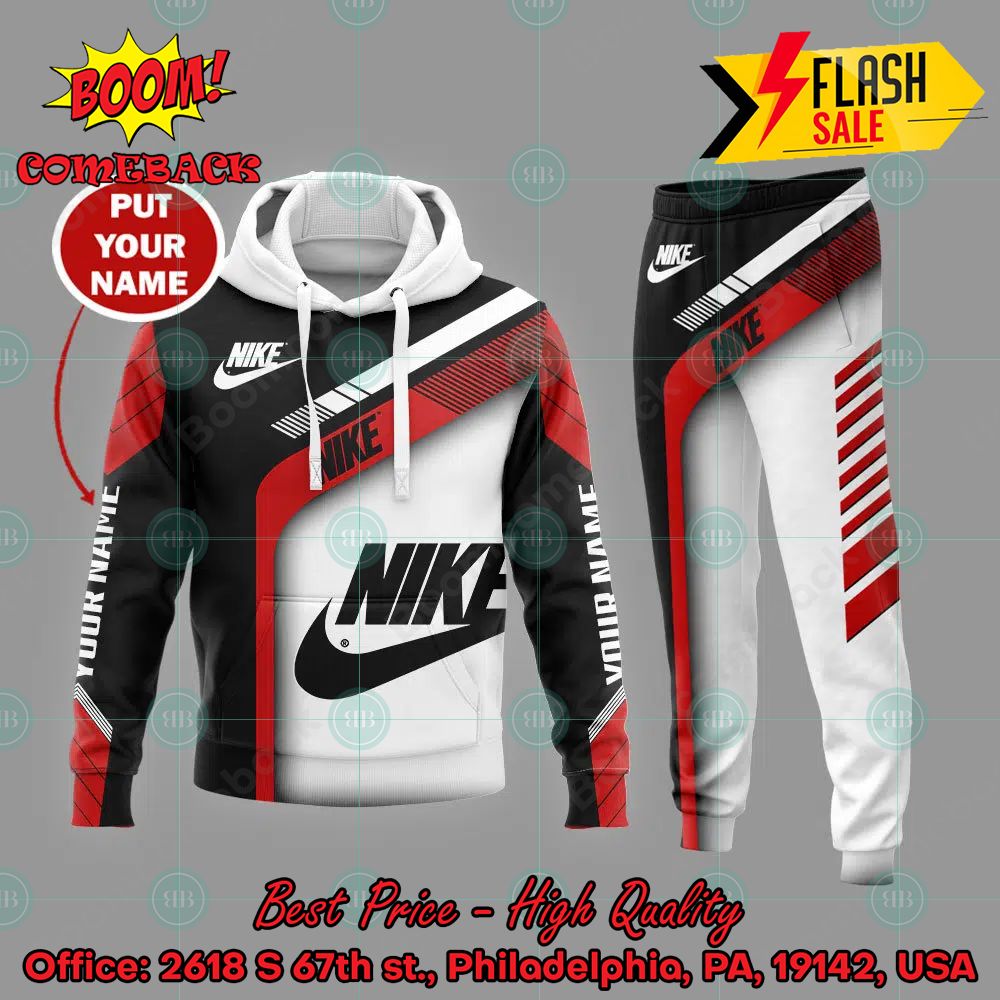 Nike White Black Red Personalized Name 3d Hooide And Long Pant