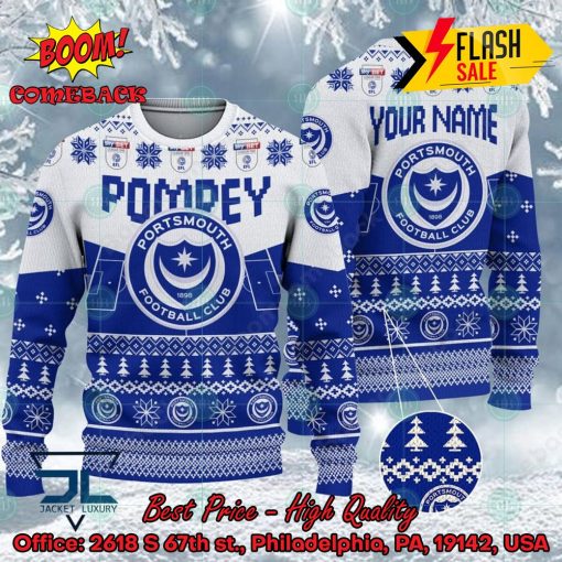 Portsmouth FC Big Logo Personalized Name Ugly Christmas Sweater