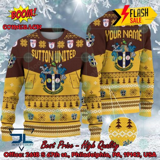 Sutton United FC Big Logo Personalized Name Ugly Christmas Sweater