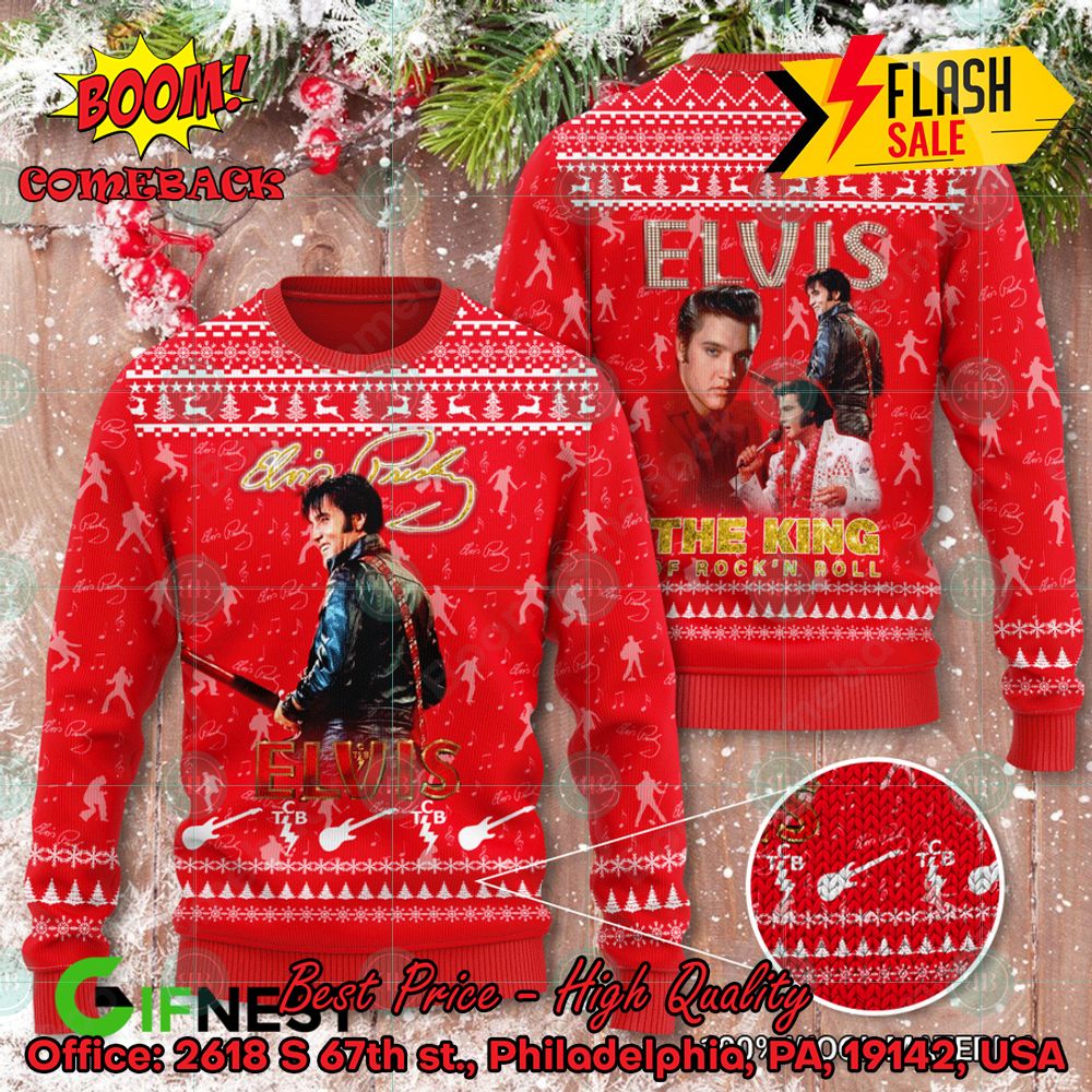 Elvis Presley King Rock & Roll Red Ugly Christmas Sweater