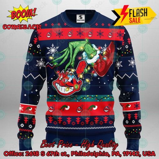 MLB Cleveland Guardians Grinch Hand Christmas Light Ugly Christmas Sweater
