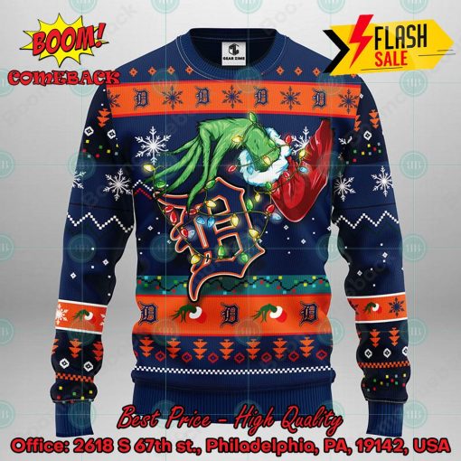 MLB Detroit Tigers Grinch Hand Christmas Light Ugly Christmas Sweater