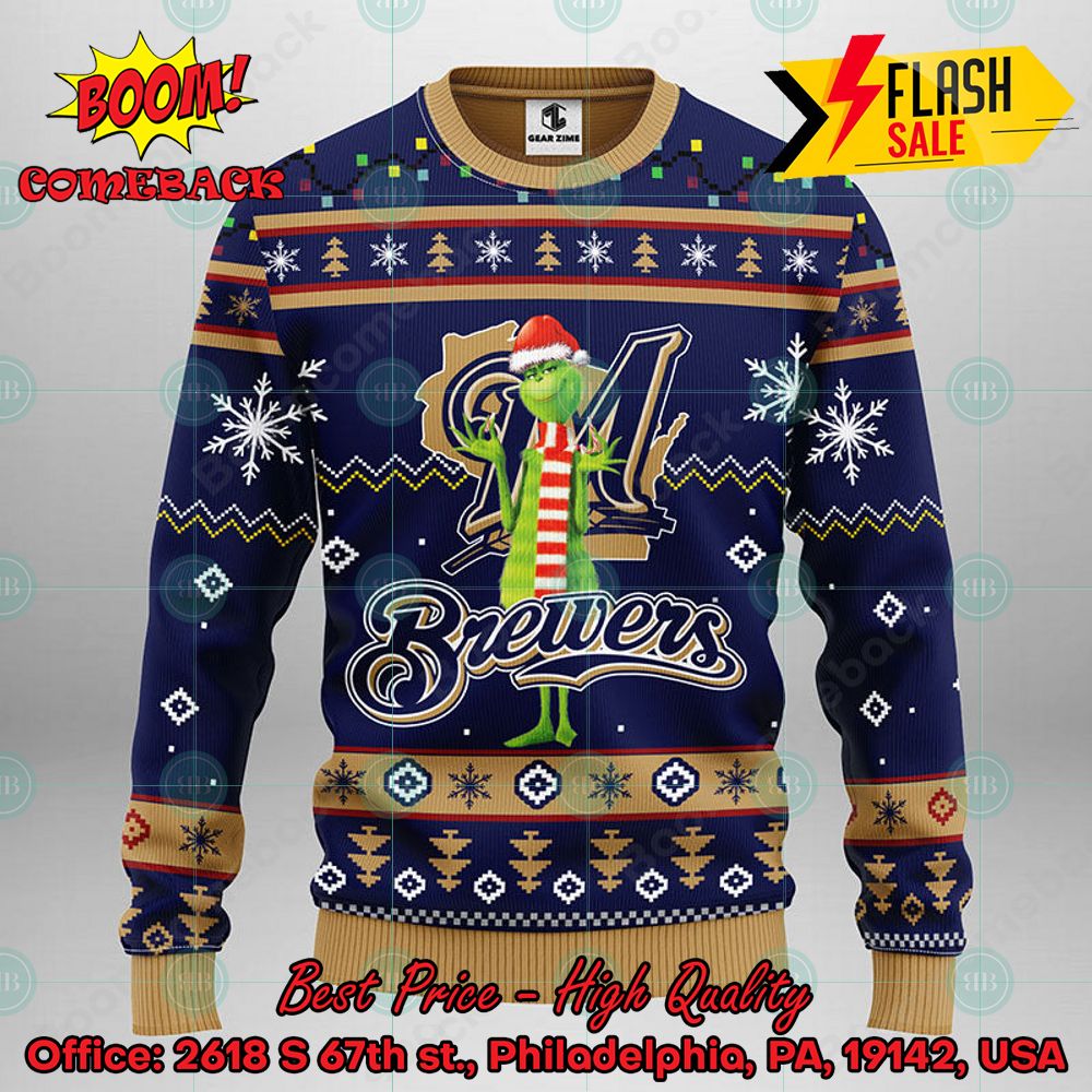 MLB Milwaukee Brewers Grinch Santa Hat Ugly Christmas Sweater