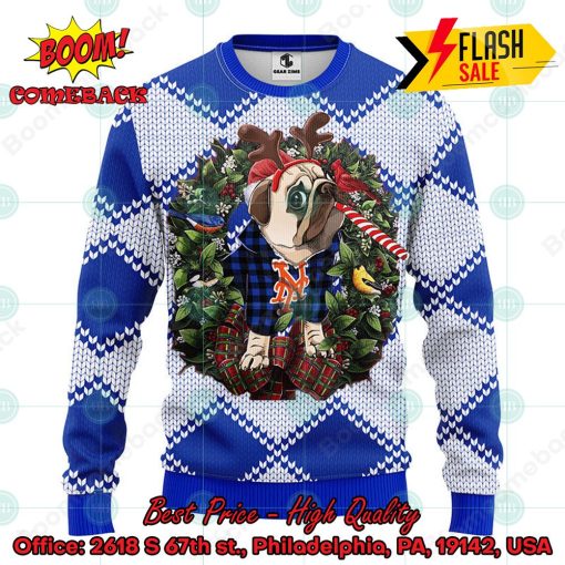 MLB New York Mets Pug Candy Cane Ugly Christmas Sweater