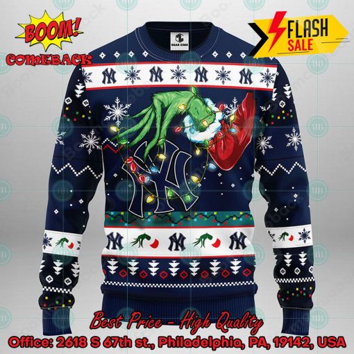 MLB New York Yankees Grinch Hand Christmas Light Ugly Christmas Sweater