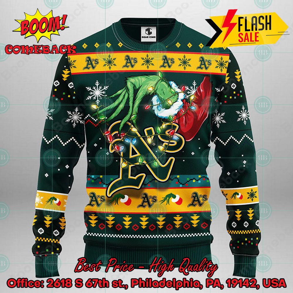 MLB Oakland Athletics Grinch Hand Christmas Light Ugly Christmas Sweater