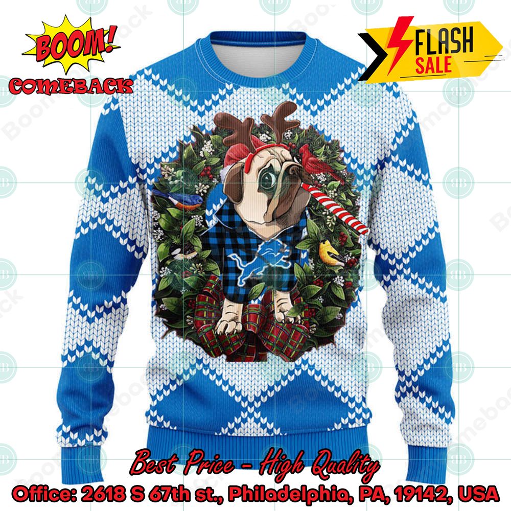 NFL Detroit Lions Pug Candy Cane Ugly Christmas Sweater