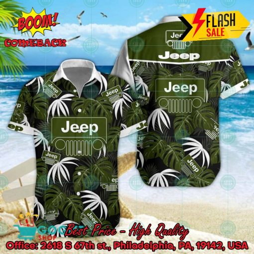 Jeep Big Logo Tropical Leaves Hawaiian Shirt And Shorts