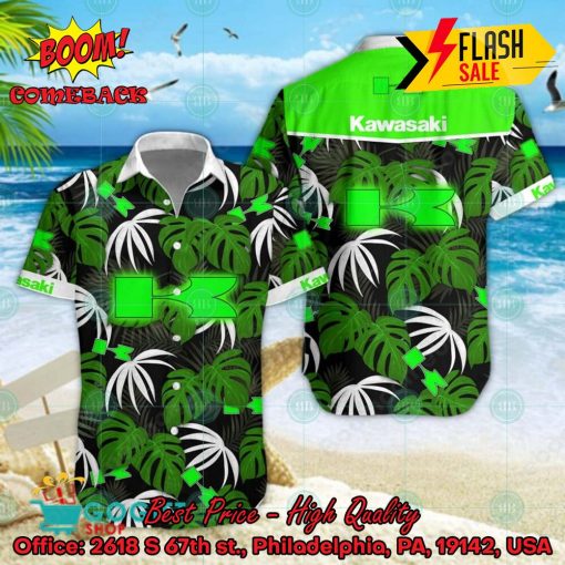 Kawasaki Big Logo Tropical Leaves Hawaiian Shirt And Shorts