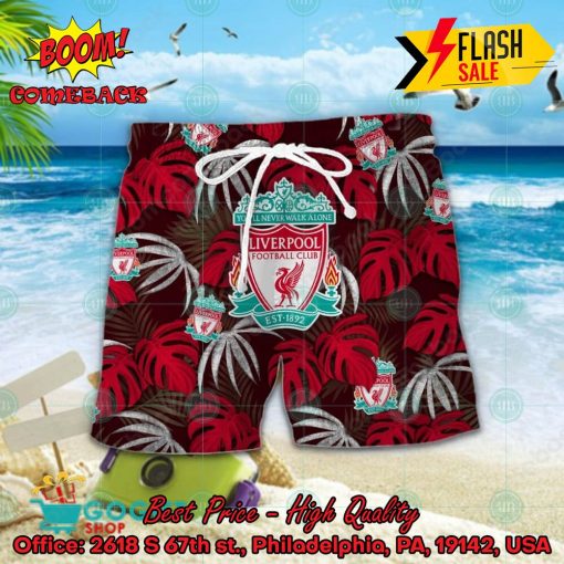 Liverpool FC Big Logo Tropical Leaves Hawaiian Shirt And Shors