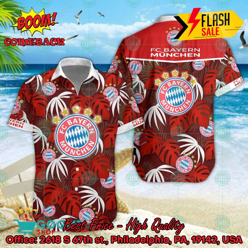 FC Bayern Munchen Big Logo Tropical Leaves Hawaiian Shirt And Shorts