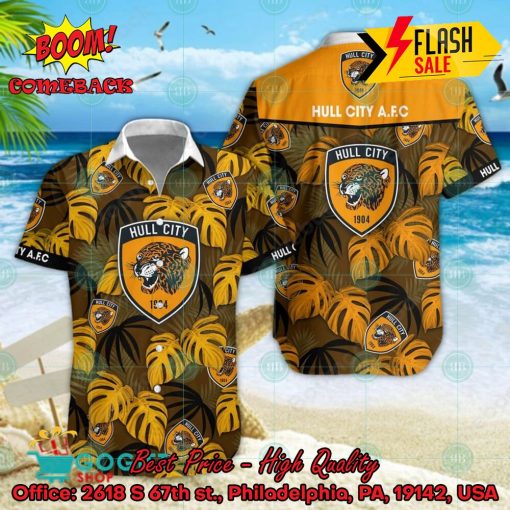 Hull City FC Big Logo Tropical Leaves Hawaiian Shirt And Shorts