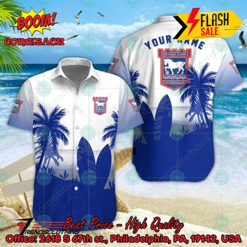 Ipswich Town FC Palm Tree Surfboard Personalized Name Button Shirt