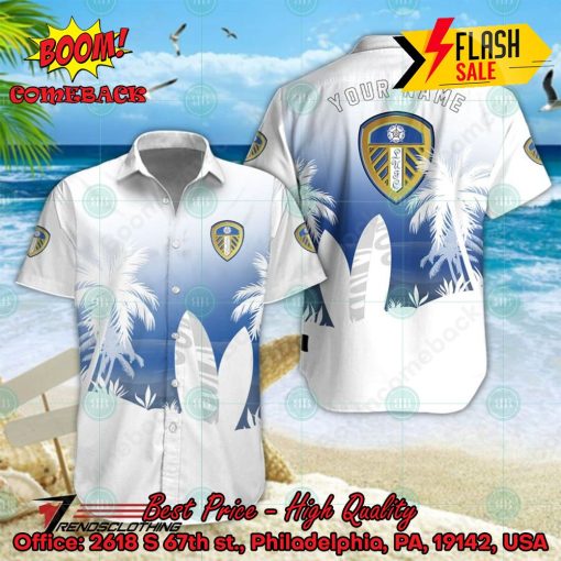 Leeds United FC Palm Tree Surfboard Personalized Name Button Shirt