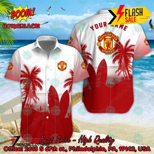 Manchester United FC Palm Tree Surfboard Personalized Name Button Shirt
