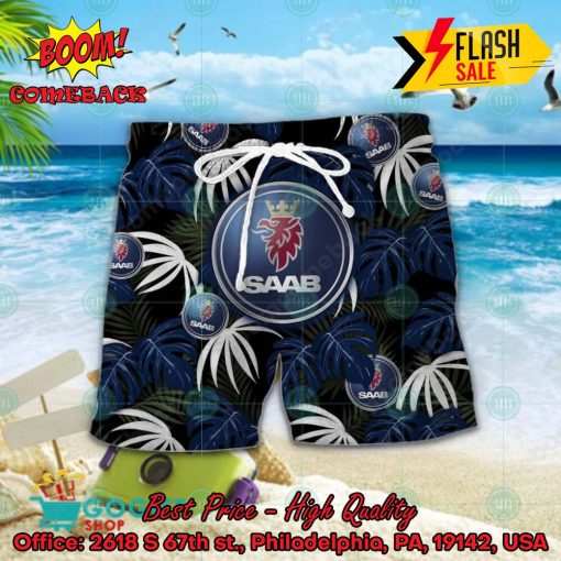 SAAB Automobile Big Logo Tropical Leaves Hawaiian Shirt And Shorts