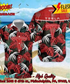 Tesla Big Logo Tropical Leaves Hawaiian Shirt And Shorts