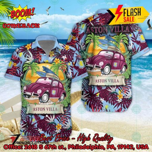 Aston Villa FC Car Surfboard Coconut Tree Button Shirt