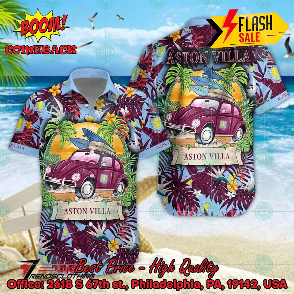 Aston Villa FC Car Surfboard Coconut Tree Button Shirt