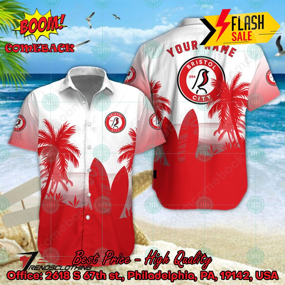 Bristol City FC Palm Tree Surfboard Personalized Name Button Shirt