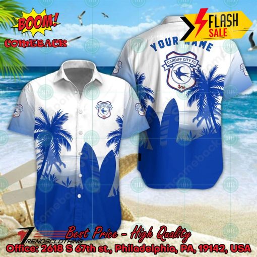 Cardiff City FC Palm Tree Surfboard Personalized Name Button Shirt