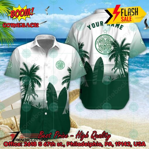 Celtic FC Palm Tree Surfboard Personalized Name Button Shirt