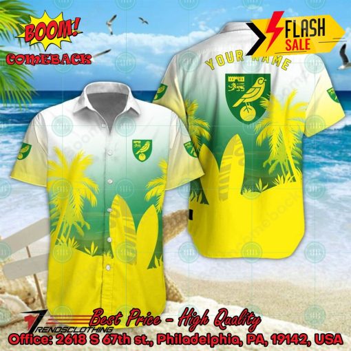 Norwich City FC Palm Tree Surfboard Personalized Name Button Shirt
