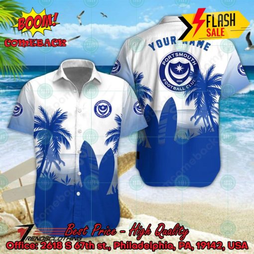 Portsmouth FC Palm Tree Surfboard Personalized Name Button Shirt