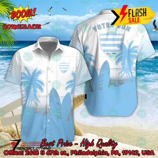 Racing 92 Palm Tree Surfboard Personalized Name Button Shirt