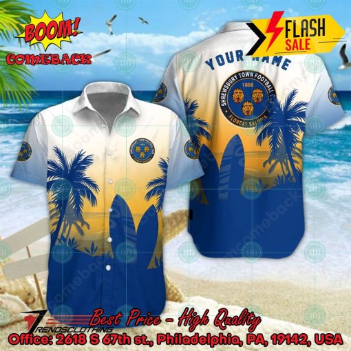 Shrewsbury Town FC Palm Tree Surfboard Personalized Name Button Shirt