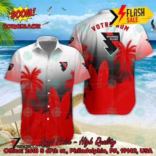 Us Oyonnax Rugby Palm Tree Surfboard Personalized Name Button Shirt
