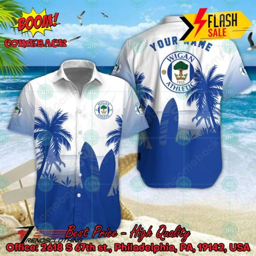 Wigan Athletic FC Palm Tree Surfboard Personalized Name Button Shirt