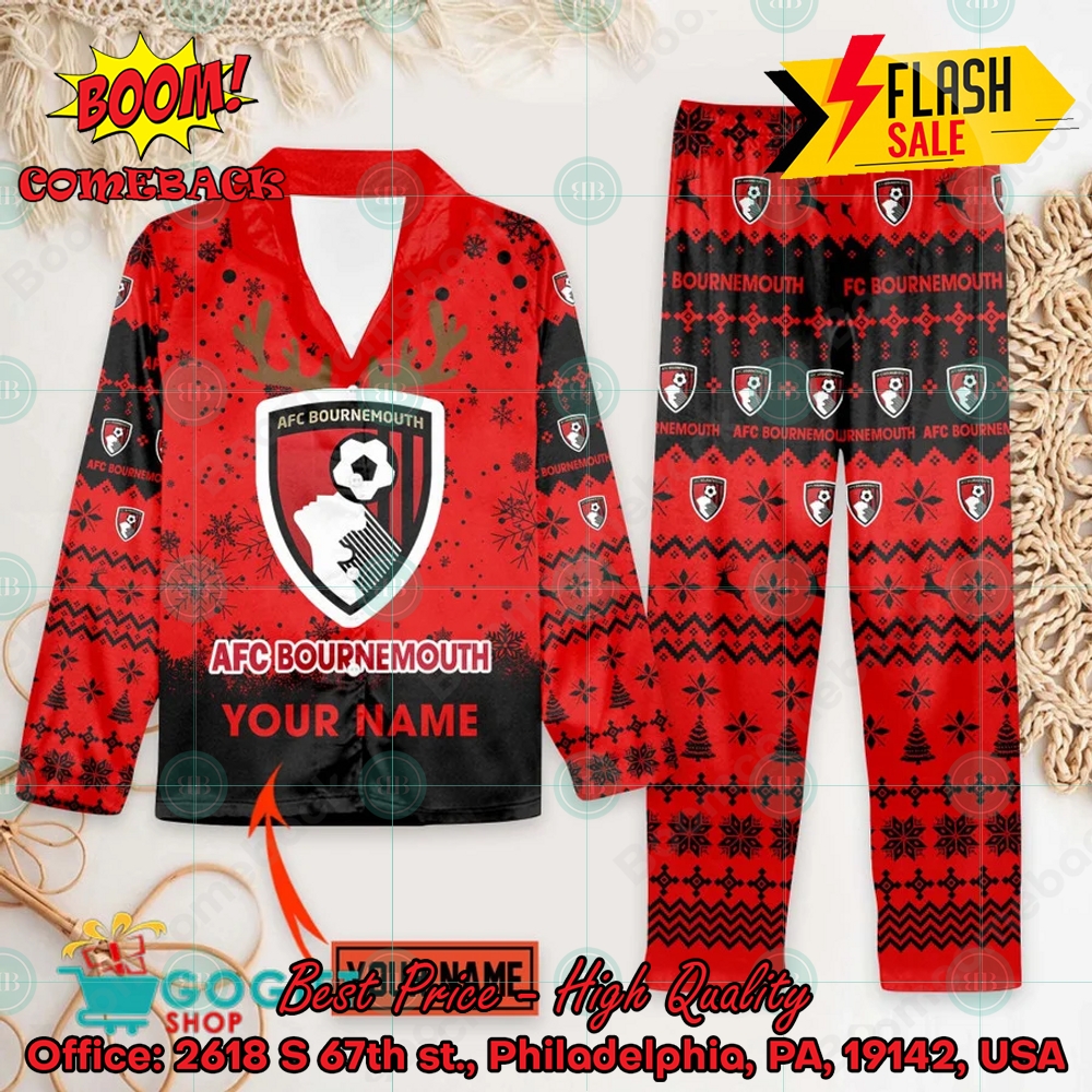 AFC Bournemouth Deer Horn Personalized Name Pajamas Set For Christmas 2024