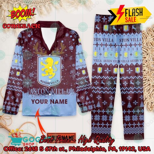 Aston Villa FC Deer Horn Personalized Name Pajamas Set For Christmas 2024