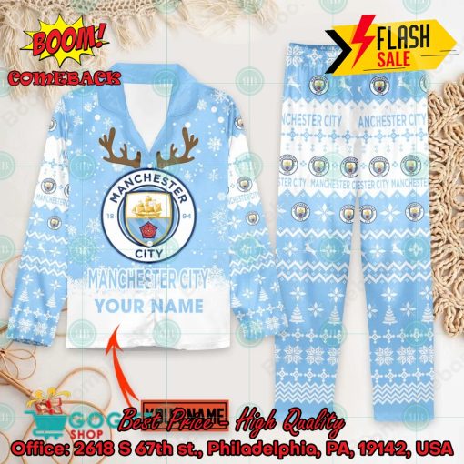 Manchester City FC Deer Horn Personalized Name Pajamas Set For Christmas 2024