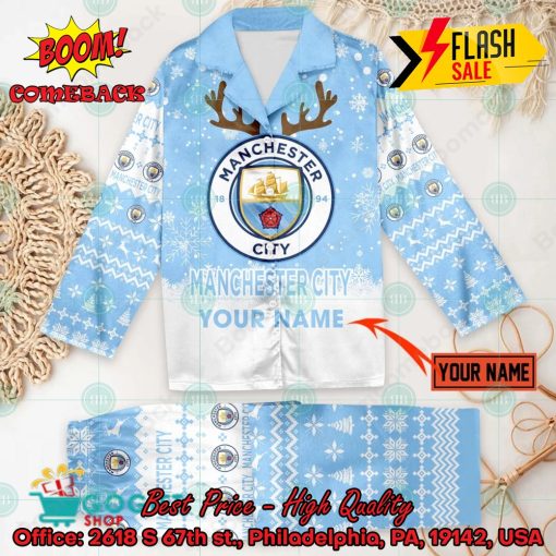 Manchester City FC Deer Horn Personalized Name Pajamas Set For Christmas 2024