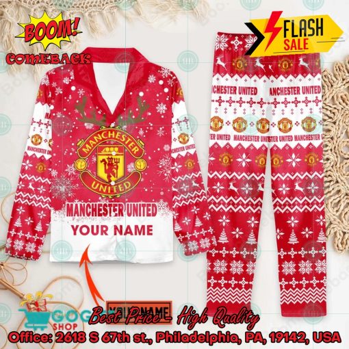 Manchester United FC Deer Horn Personalized Name Pajamas Set For Christmas 2024