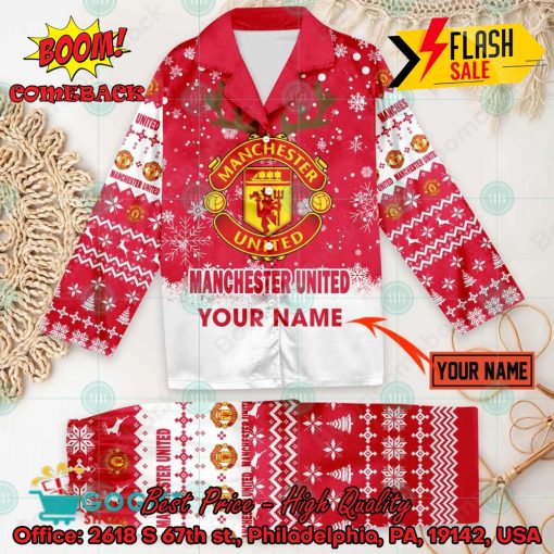 Manchester United FC Deer Horn Personalized Name Pajamas Set For Christmas 2024