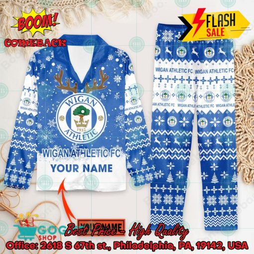 Wigan Athletic FC Deer Horn Personalized Name Pajamas Set For Christmas 2024