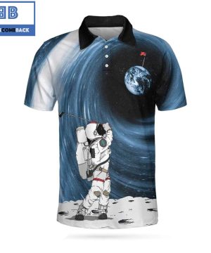 Astronaut Golfing Outer Space Black Golf Athletic Collared Men’s Polo Shirt