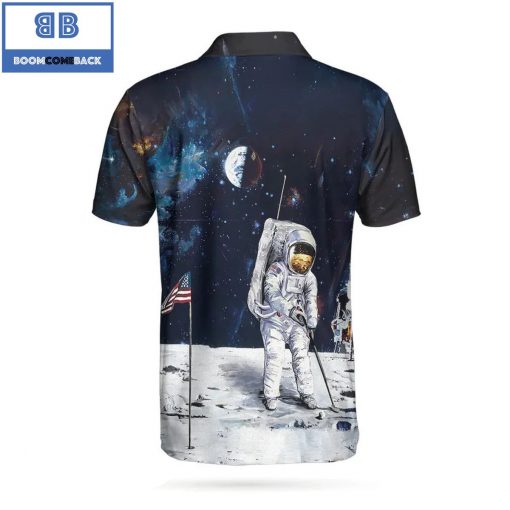 Golf Astronaut Moon American Flag Athletic Collared Men’s Polo Shirt