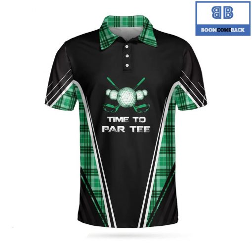 Golf Time To Par Tee Green Tartan Plaid Pattern Athletic Collared Men’s Polo Shirt