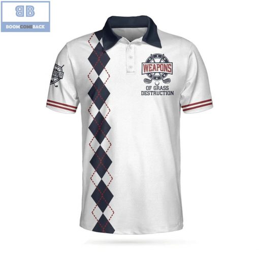 Golf Weapons Of Grass Destruction White And Navy Argyle Pattern Athletic Collared Men’s Polo Shirt