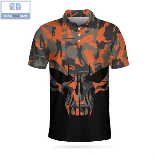 Orange Camouflage Golf Set Skull Golfer Silhouette Pattern Athletic Collared Men’s Polo Shirt